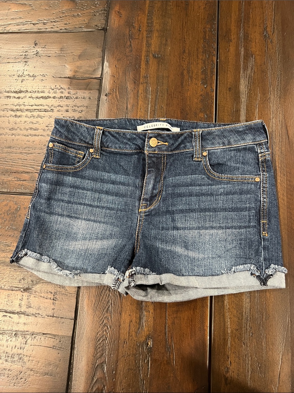 Celebrity Pink Medium Wash Frayed Hem Denim Shorts